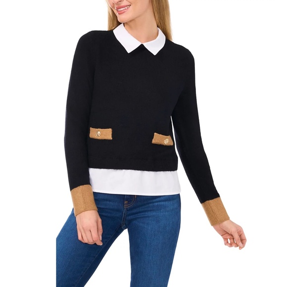 NEW CECE Black & White TWO-FER Collared LAYERED Pocket Detail SWEATER TOP XS - Picture 9 of 10